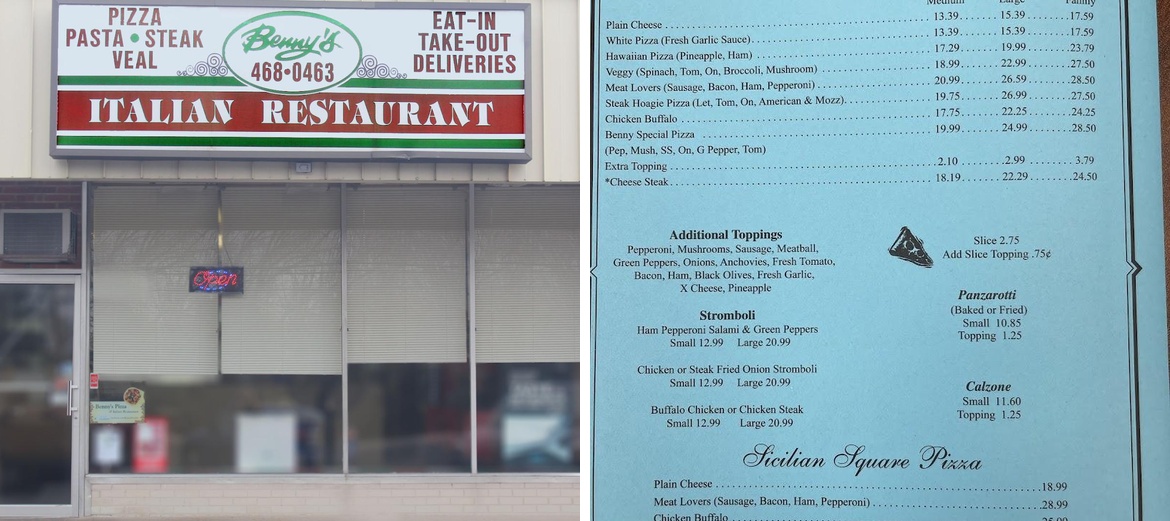 Benny's Pizza Menu